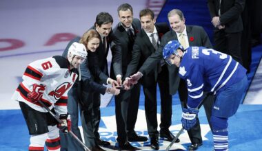 New Jersey Devils defenseman Andy Greene (6) and Toronto Maple Leafs defenseman Dion Phaneuf (3): John E. Sokolowski-Imagn Images