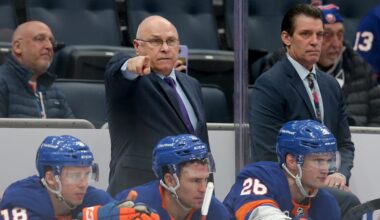 Jan 27, 2022; Elmont, New York, USA; New York Islanders head coach Barry Trotz coaches his team against the Los Angeles Kings during the third period at UBS Arena. Mandatory Credit: Brad Penner-Imagn Images