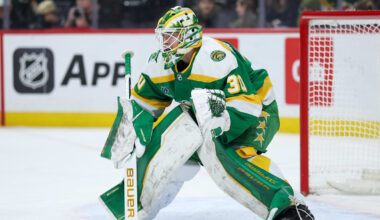 Jan 27, 2026; Saint Paul, Minnesota, USA; Minnesota Wild goaltender Jesper Wallstedt (30) defends his net against the Chicago Blackhawks during the first period at Grand Casino Arena. Mandatory Credit: Matt Krohn-Imagn Images