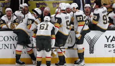 Feb 1, 2026; Anaheim, California, USA;  Vegas Golden Knights head coach Bruce Cassidy talks with his team during a timeout in the third period against the Anaheim Ducks at Honda Center. Mandatory Credit: Kiyoshi Mio-Imagn Images