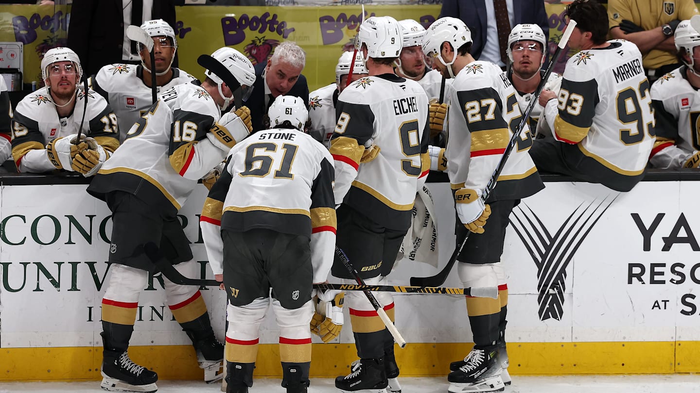 Feb 1, 2026; Anaheim, California, USA;  Vegas Golden Knights head coach Bruce Cassidy talks with his team during a timeout in the third period against the Anaheim Ducks at Honda Center. Mandatory Credit: Kiyoshi Mio-Imagn Images