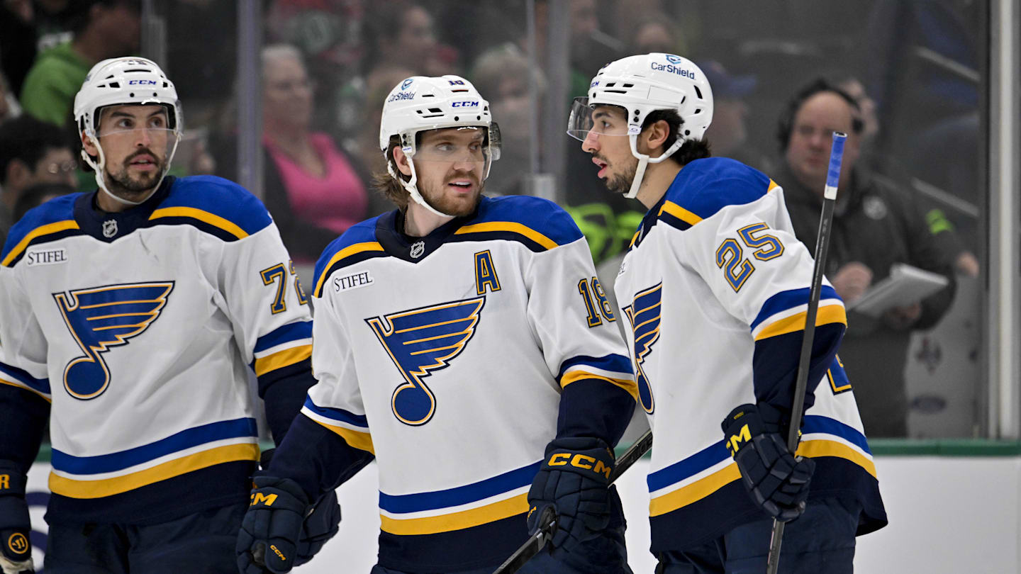 Dec 14, 2024; Dallas, Texas, USA; St. Louis Blues defenseman Justin Faulk (72) and center Robert Thomas (18) and center Jordan Kyrou (25) in action during the game between the Dallas Stars and the St. Louis Blues at American Airlines Center. Mandatory Credit: Jerome Miron-Imagn Images