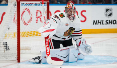 Nov 5, 2025; Vancouver, British Columbia, CAN; Chicago Blackhawks goalie Spencer Knight (30) makes a save against the Vancouver Canucks in the second period at Rogers Arena. Mandatory Credit: Bob Frid-Imagn Images