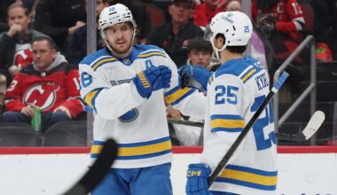 St. Louis Blues center Robert Thomas (18) celebrates with Jordan Kyrou: Ed Mulholland-Imagn Images
