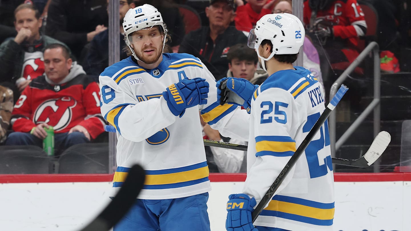 St. Louis Blues center Robert Thomas (18) celebrates with Jordan Kyrou: Ed Mulholland-Imagn Images