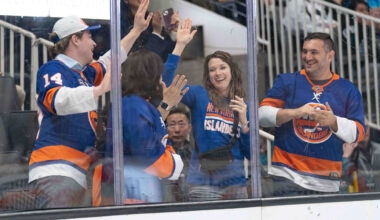Mar 7, 2024; San Jose, California, USA; New York Islanders fans celebrate during the second period against the San Jose Sharks at SAP Center at San Jose. Mandatory Credit: Stan Szeto-Imagn Images