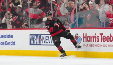 Feb 3, 2026; Raleigh, North Carolina, USA;  Carolina Hurricanes center Seth Jarvis (24) celebrates his goal against the Ottawa Senators during the second period at Lenovo Center. Mandatory Credit: James Guillory-Imagn Images