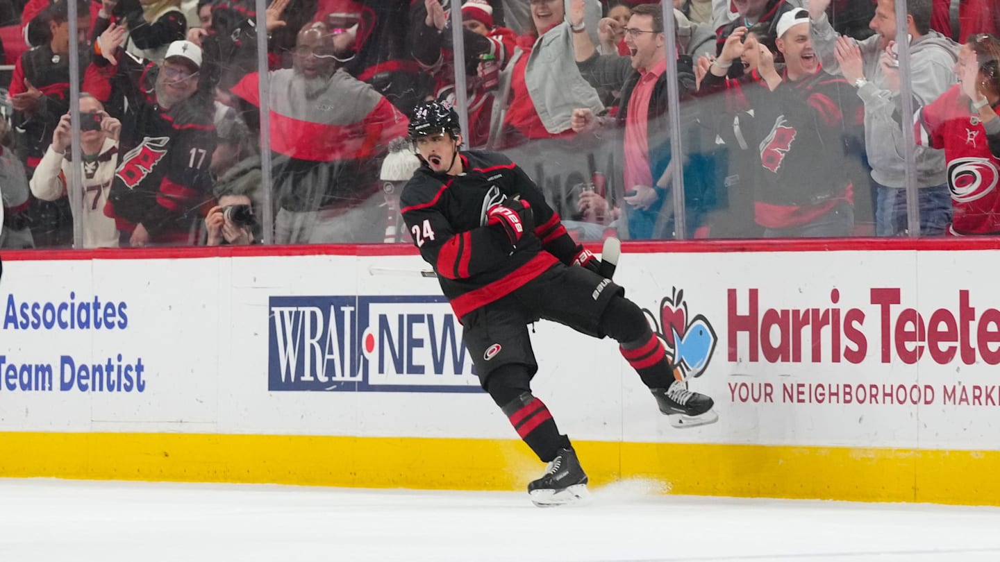 Feb 3, 2026; Raleigh, North Carolina, USA;  Carolina Hurricanes center Seth Jarvis (24) celebrates his goal against the Ottawa Senators during the second period at Lenovo Center. Mandatory Credit: James Guillory-Imagn Images