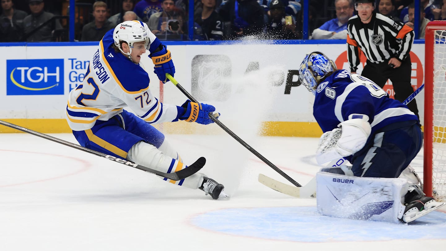 Feb 3, 2026; Tampa, Florida, USA; Buffalo Sabres center Tage Thompson (72) shoots as Tampa Bay Lightning goaltender Andrei Vasilevskiy (88) makes a save during the overtime period at Benchmark International Arena. Mandatory Credit: Kim Klement Neitzel-Imagn Images