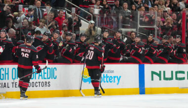 Feb 3, 2026; Raleigh, North Carolina, USA;  Carolina Hurricanes center Sebastian Aho (20) celebrates his goal against the Ottawa Senators during the first period at Lenovo Center. Mandatory Credit: James Guillory-Imagn Images