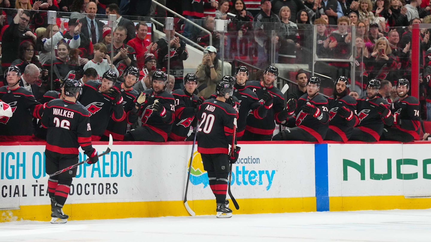 Feb 3, 2026; Raleigh, North Carolina, USA;  Carolina Hurricanes center Sebastian Aho (20) celebrates his goal against the Ottawa Senators during the first period at Lenovo Center. Mandatory Credit: James Guillory-Imagn Images