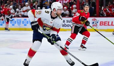 Nov 21, 2024; Chicago, Illinois, USA; Florida Panthers center Sam Bennett (9) plays the puck against the Chicago Blackhawks during the first period at the United Center. Mandatory Credit: Daniel Bartel-Imagn Images