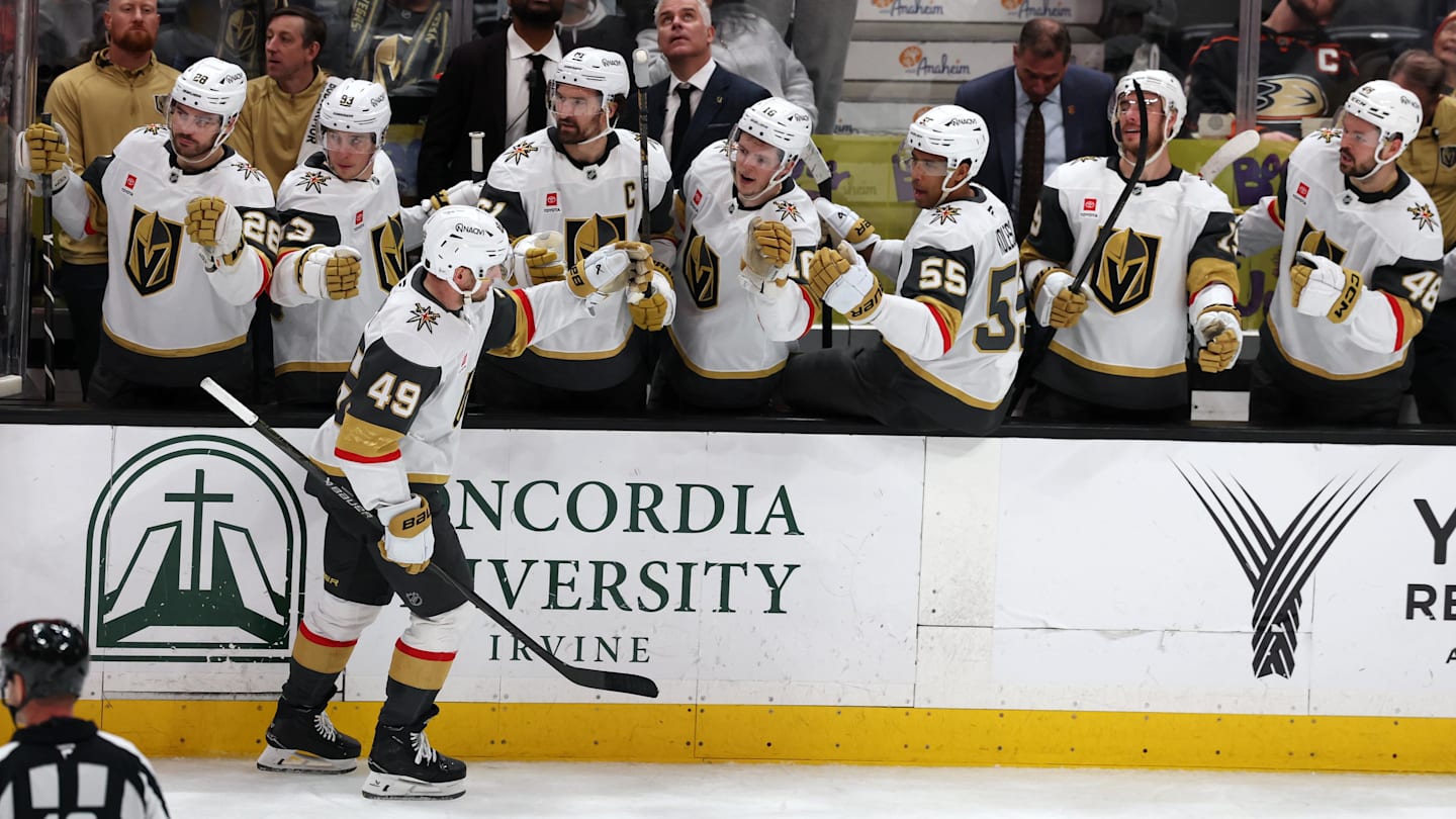 Feb 1, 2026; Anaheim, California, USA;  Vegas Golden Knights left wing Ivan Barbashev (49) celebrates with teammates after scoring a goal during the third period against the Anaheim Ducks at Honda Center. Mandatory Credit: Kiyoshi Mio-Imagn Images