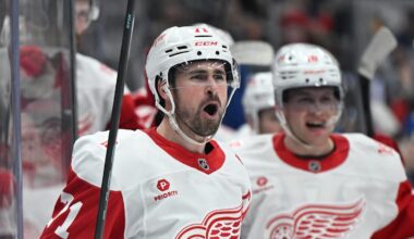 Jan 21, 2026; Toronto, Ontario, CAN;  Detroit Red Wings forward Dylan Larkin (71) celebrates aftert scoring the winning goal in overtime against the Toronto Maple Leafs  at Scotiabank Arena. Mandatory Credit: Dan Hamilton-Imagn Images