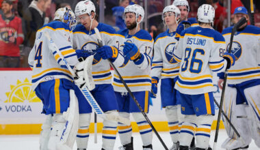 Feb 2, 2026; Sunrise, Florida, USA; Buffalo Sabres center Ryan McLeod (71) celebrates with goaltender Alex Lyon (34) after the game against the Florida Panthers at Amerant Bank Arena. Mandatory Credit: Sam Navarro-Imagn Images