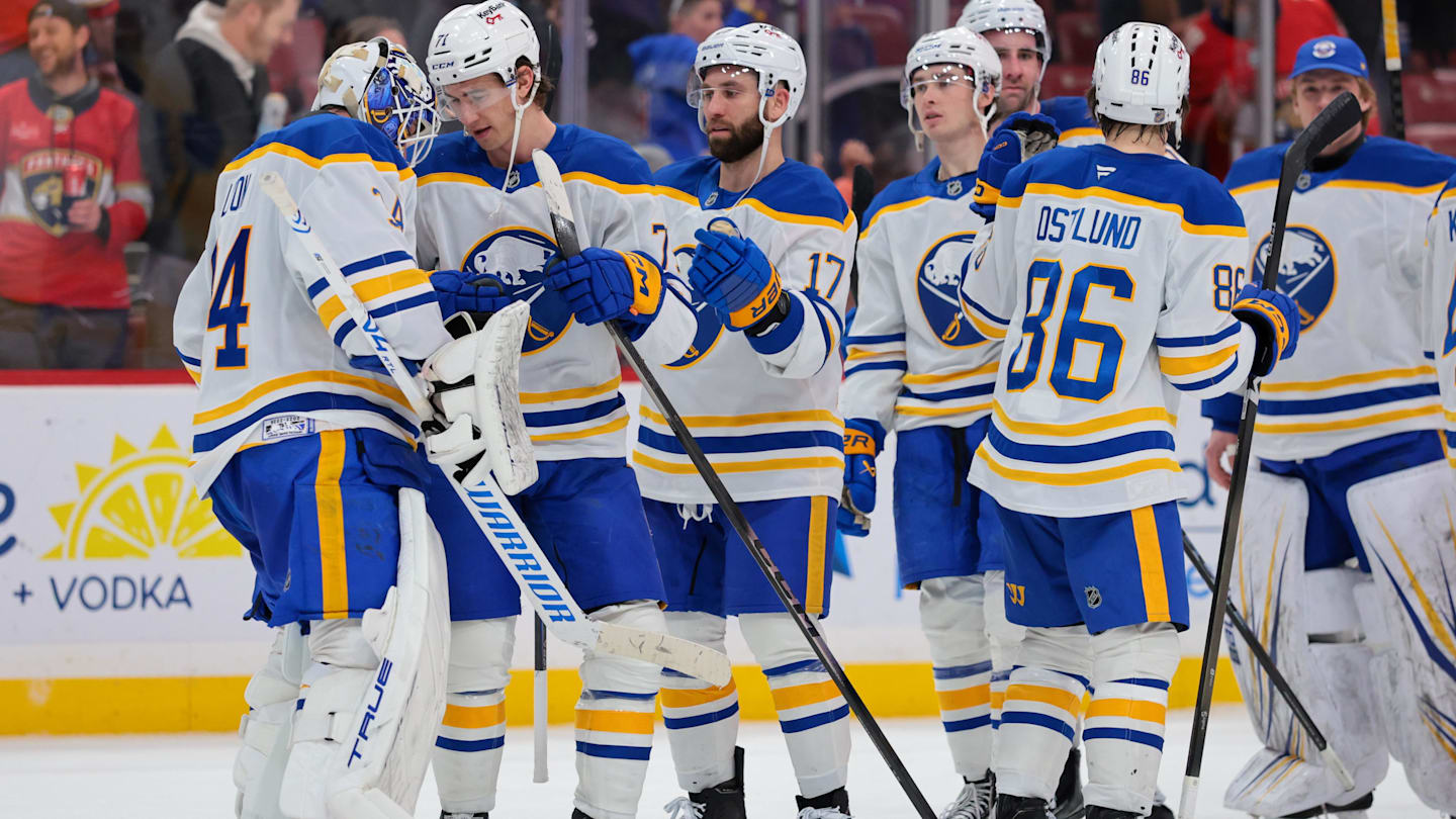 Feb 2, 2026; Sunrise, Florida, USA; Buffalo Sabres center Ryan McLeod (71) celebrates with goaltender Alex Lyon (34) after the game against the Florida Panthers at Amerant Bank Arena. Mandatory Credit: Sam Navarro-Imagn Images
