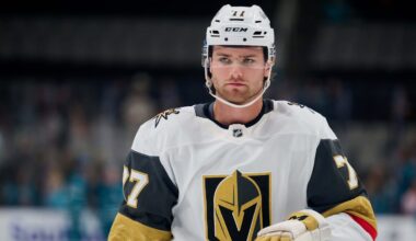 Sep 21, 2025; San Jose, California, USA; Vegas Golden Knights center Kai Uchacz (77) warms up before the game against the San Jose Sharks at SAP Center at San Jose. Mandatory Credit: Robert Edwards-Imagn Images