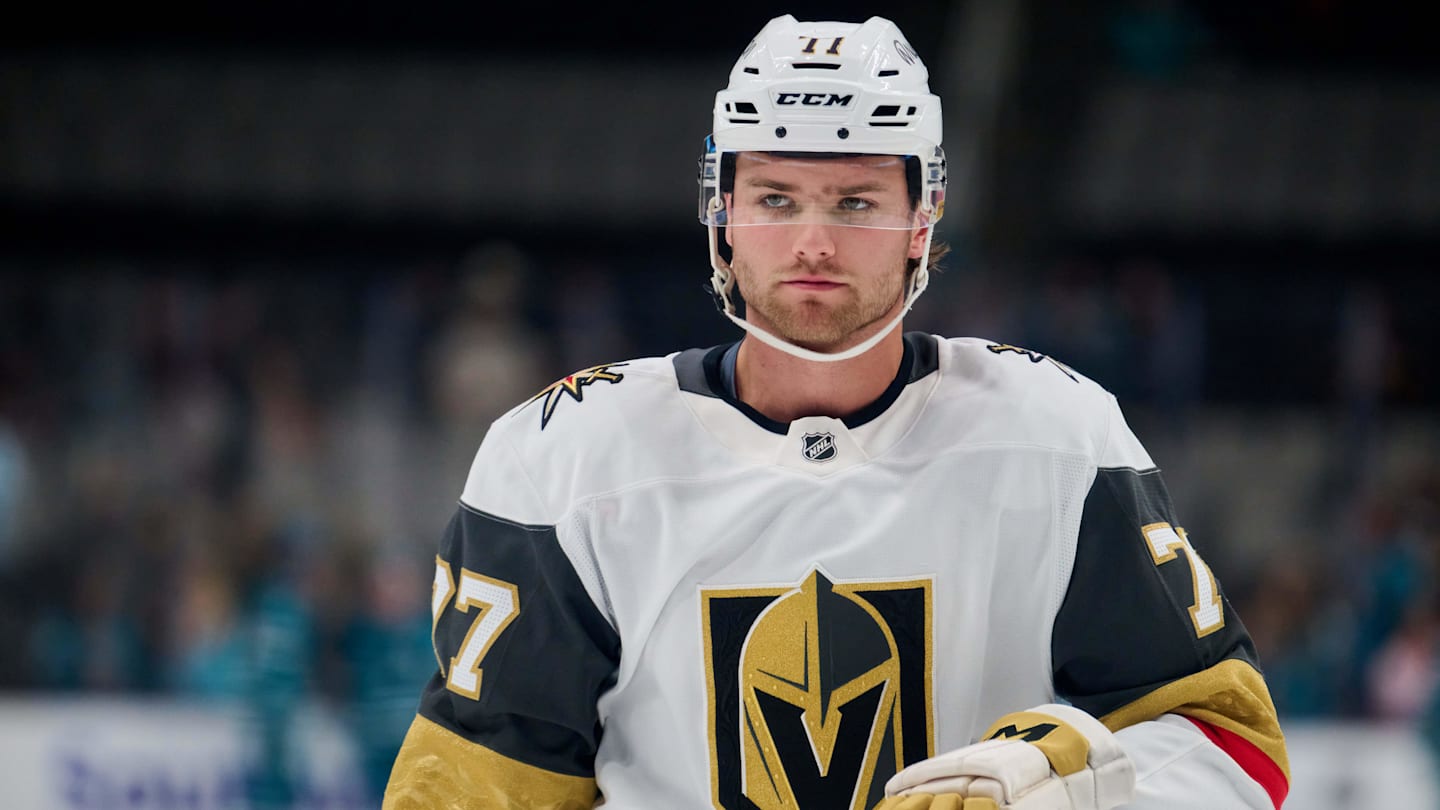 Sep 21, 2025; San Jose, California, USA; Vegas Golden Knights center Kai Uchacz (77) warms up before the game against the San Jose Sharks at SAP Center at San Jose. Mandatory Credit: Robert Edwards-Imagn Images