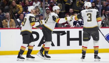 Apr 8, 2025; Denver, Colorado, USA; Vegas Golden Knights center William Karlsson (71) celebrates his goal scored with right wing Reilly Smith (19) and defenseman Brayden McNabb (3) in the first period against the Colorado Avalanche at Ball Arena. Mandatory Credit: Ron Chenoy-Imagn Images
