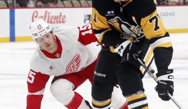 Oct 1, 2024; Pittsburgh, Pennsylvania, USA;  Pittsburgh Penguins center Evgeni Malkin (71) skates with the puck ahead of Detroit Red Wings center Sheldon Dries (15) during the first period at PPG Paints Arena. Mandatory Credit: Charles LeClaire-Imagn Images