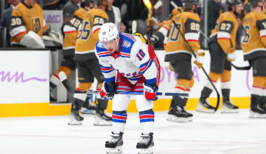 Nov 18, 2025; Las Vegas, Nevada, USA; New York Rangers left wing Artemi Panarin (10) reacts after the Vegas Golden Knights defeated the Rangers 3-2 at T-Mobile Arena. Mandatory Credit: Stephen R. Sylvanie-Imagn Images