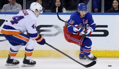 Mar 3, 2025; New York, New York, USA; New York Rangers left wing Artemi Panarin (10) fights for the puck against New York Islanders center Jean-Gabriel Pageau (44) during the first period at Madison Square Garden. Mandatory Credit: Brad Penner-Imagn Images