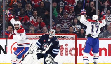 Montreal Canadiens right wing Josh Anderson (17) celebrates a goal against Winnipeg Jets goaltender Connor Hellebuyck (37) in the second period at Canada Life Centre.