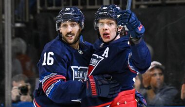 Apr 9, 2025; New York, New York, USA;  New York Rangers left wing Artemi Panarin (10) celebrates his goal with New York Rangers center Vincent Trocheck (16) against the Philadelphia Flyers during the second period at Madison Square Garden. Mandatory Credit: Dennis Schneidler-Imagn Images
