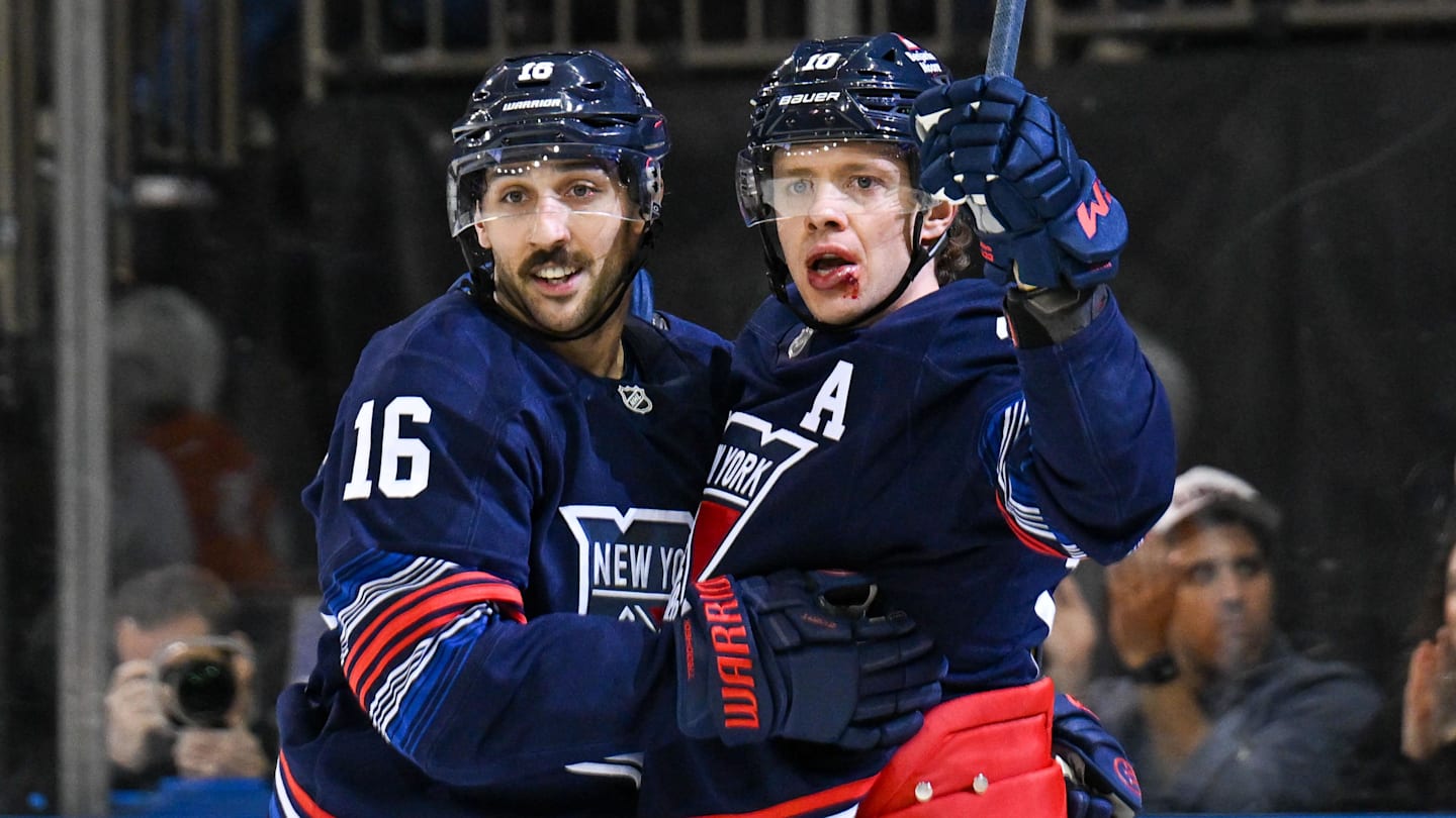 Apr 9, 2025; New York, New York, USA;  New York Rangers left wing Artemi Panarin (10) celebrates his goal with New York Rangers center Vincent Trocheck (16) against the Philadelphia Flyers during the second period at Madison Square Garden. Mandatory Credit: Dennis Schneidler-Imagn Images
