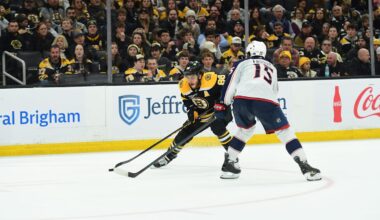 Dec 28, 2024; Boston, Massachusetts, USA; Boston Bruins right wing David Pastrnak (88) tries to stick handle past Columbus Blue Jackets defenseman Dante Fabbro (15) during the third period at TD Garden. Mandatory Credit: Bob DeChiara-Imagn Images