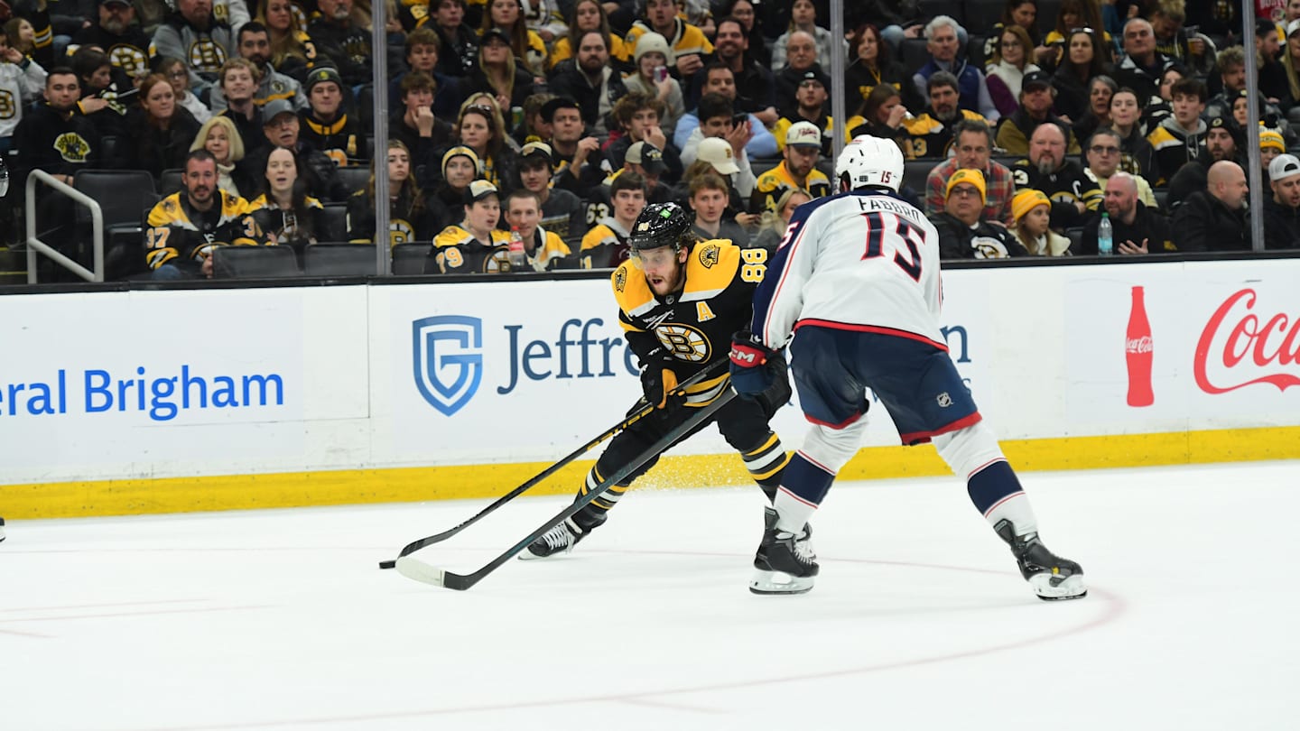 Dec 28, 2024; Boston, Massachusetts, USA; Boston Bruins right wing David Pastrnak (88) tries to stick handle past Columbus Blue Jackets defenseman Dante Fabbro (15) during the third period at TD Garden. Mandatory Credit: Bob DeChiara-Imagn Images