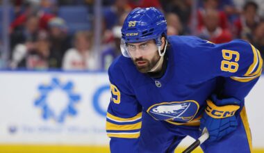 Jan 31, 2026; Buffalo, New York, USA;  Buffalo Sabres right wing Alex Tuch (89) waits for the face-off during the second period against the Montréal Canadiens at KeyBank Center. Mandatory Credit: Timothy T. Ludwig-Imagn Images