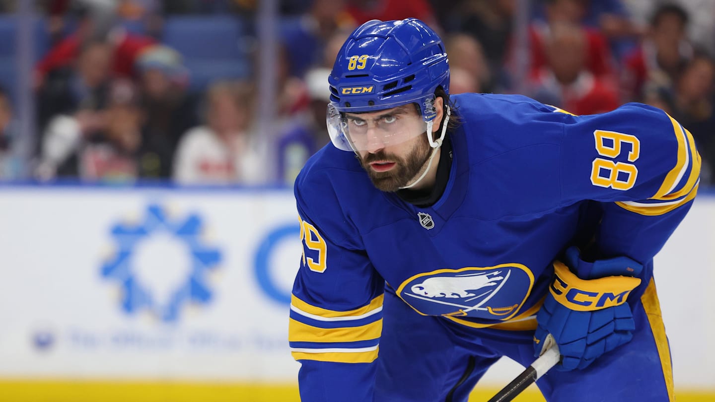 Jan 31, 2026; Buffalo, New York, USA;  Buffalo Sabres right wing Alex Tuch (89) waits for the face-off during the second period against the Montréal Canadiens at KeyBank Center. Mandatory Credit: Timothy T. Ludwig-Imagn Images