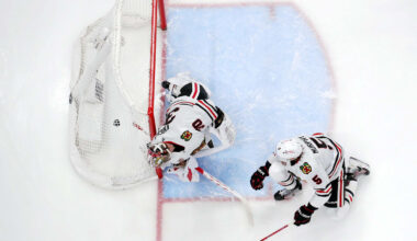 Feb 4, 2026; Columbus, Ohio, USA; The shot from Columbus Blue Jackets defenseman Danton Heinen (43) (not pictured) beats Chicago Blackhawks goalie Spencer Knight (30) for a goal during the second period at Nationwide Arena. Mandatory Credit: Russell LaBounty-Imagn Images