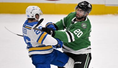 Feb 4, 2026; Dallas, Texas, USA; Dallas Stars defenseman Kyle Capobianco (20) checks St. Louis Blues left wing Nathan Walker (26) during the third period at the American Airlines Center. Mandatory Credit: Jerome Miron-Imagn Images