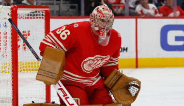 Jan 31, 2026; Detroit, Michigan, USA;  Detroit Red Wings goaltender John Gibson (36) tends goal in the first period against the Colorado Avalanche at Little Caesars Arena. Mandatory Credit: Rick Osentoski-Imagn Images