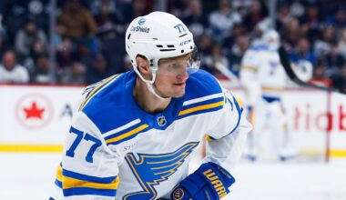 Jan 20, 2026; Winnipeg, Manitoba, CAN; St. Louis Blues forward Nick Bjugstad (77) looks to take a shot in the Winnipeg Jets zone during the first period at Canada Life Centre. Mandatory Credit: Terrence Lee-Imagn Images