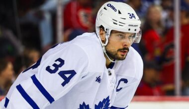 Feb 2, 2026; Calgary, Alberta, CAN; Toronto Maple Leafs center Auston Matthews (34) against the Calgary Flames during the second period at Scotiabank Saddledome. Mandatory Credit: Sergei Belski-Imagn Images