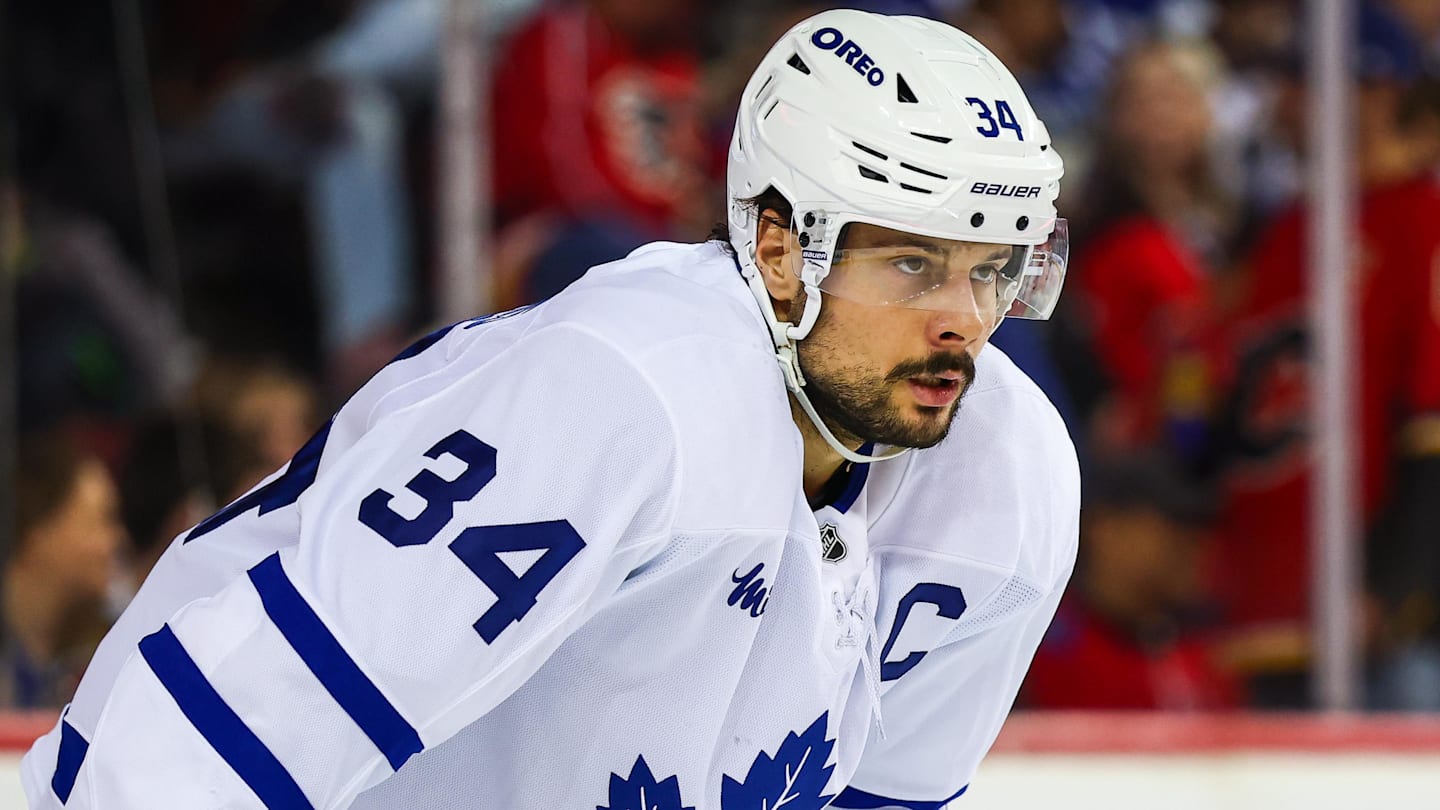 Feb 2, 2026; Calgary, Alberta, CAN; Toronto Maple Leafs center Auston Matthews (34) against the Calgary Flames during the second period at Scotiabank Saddledome. Mandatory Credit: Sergei Belski-Imagn Images