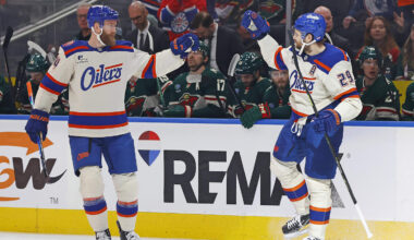 Jan 31, 2026; Edmonton, Alberta, CAN; The Edmonton Oilers celebrate a goal scored by forward Leon Draisaitl (29) during the first period against the Minnesota Wild at Rogers Place. Mandatory Credit: Perry Nelson-Imagn Images