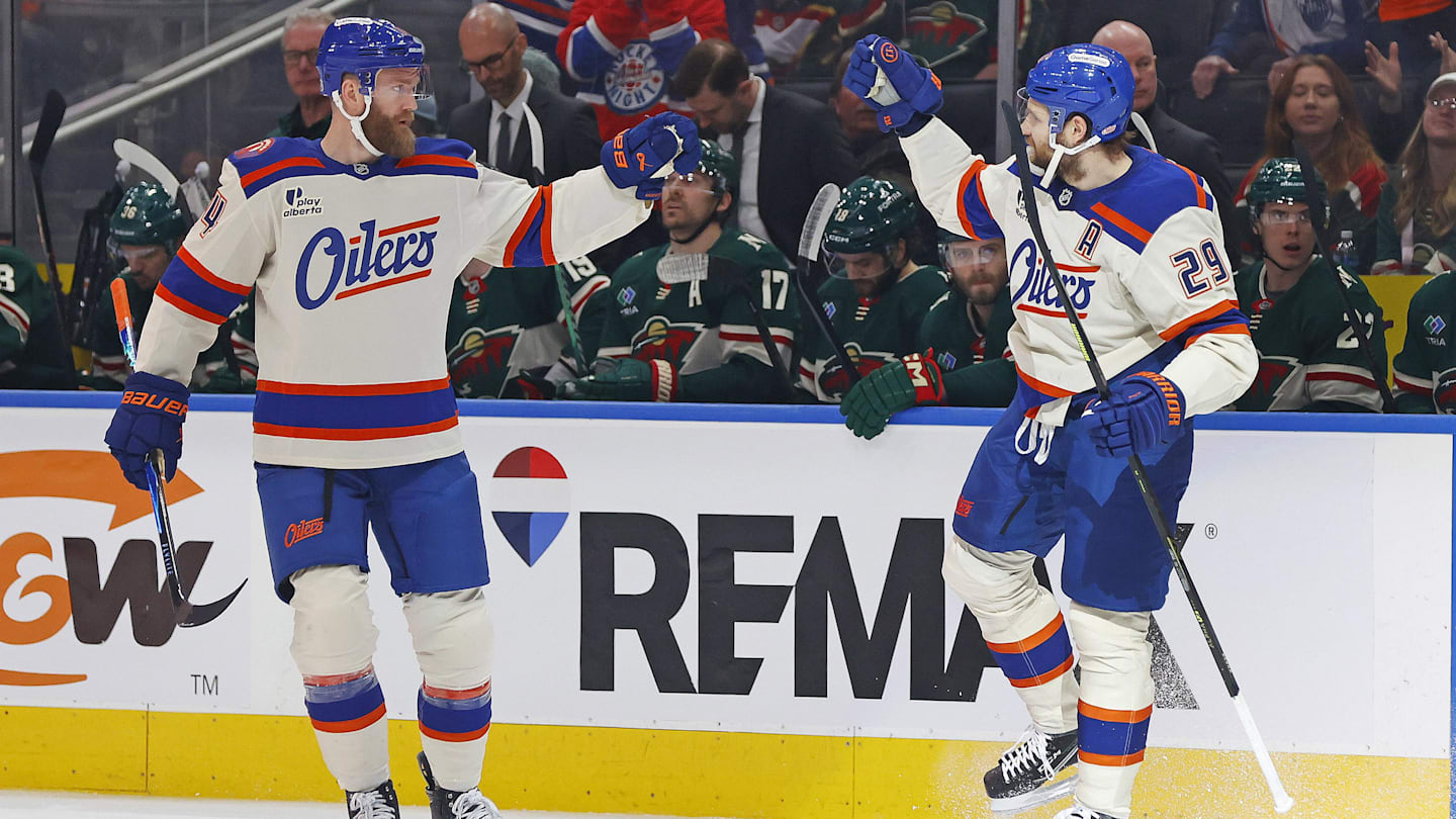 Jan 31, 2026; Edmonton, Alberta, CAN; The Edmonton Oilers celebrate a goal scored by forward Leon Draisaitl (29) during the first period against the Minnesota Wild at Rogers Place. Mandatory Credit: Perry Nelson-Imagn Images