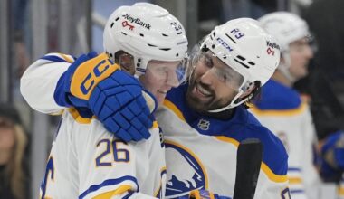 Jan 27, 2026; Toronto, Ontario, CAN; Buffalo Sabres forward Alex Tuch (89) congratulates defenseman Rasmus Dahlin (26) on his goal against the Toronto Maple Leafs during the third period at Scotiabank Arena. Mandatory Credit: John E. Sokolowski-Imagn Images