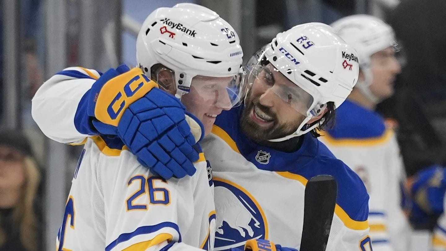 Jan 27, 2026; Toronto, Ontario, CAN; Buffalo Sabres forward Alex Tuch (89) congratulates defenseman Rasmus Dahlin (26) on his goal against the Toronto Maple Leafs during the third period at Scotiabank Arena. Mandatory Credit: John E. Sokolowski-Imagn Images