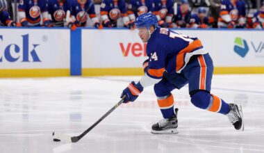 Jan 24, 2026; Elmont, New York, USA; New York Islanders center Bo Horvat (14) skates with the puck against the Buffalo Sabres during the second period at UBS Arena. Mandatory Credit: Brad Penner-Imagn Images