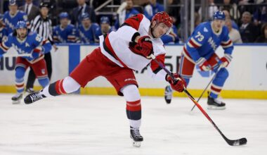 Feb 5, 2026; New York, New York, USA; Carolina Hurricanes right wing Andrei Svechnikov (37) shoots and scores against the New York Rangers during the first period at Madison Square Garden. Mandatory Credit: Brad Penner-Imagn Images