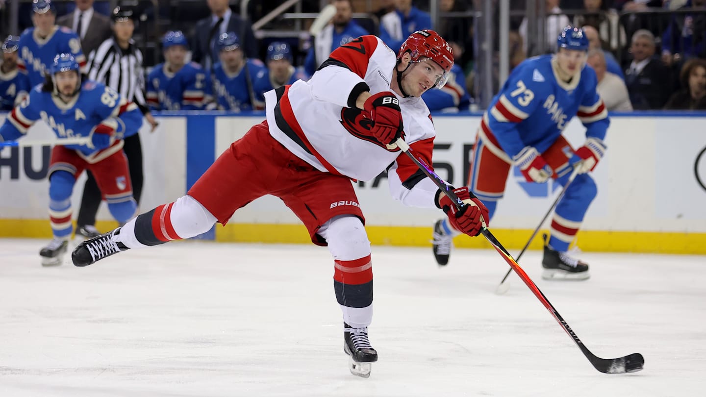 Feb 5, 2026; New York, New York, USA; Carolina Hurricanes right wing Andrei Svechnikov (37) shoots and scores against the New York Rangers during the first period at Madison Square Garden. Mandatory Credit: Brad Penner-Imagn Images