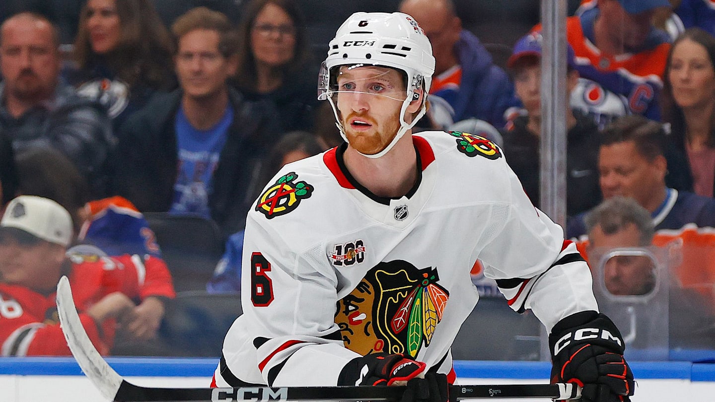 Nov 1, 2025; Edmonton, Alberta, CAN; Chicago Blackhawks defensemen Sam Rinzel (6) follows the play against the Edmonton Oilers at Rogers Place. Mandatory Credit: Perry Nelson-Imagn Images