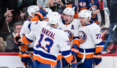 Feb 5, 2026; Newark, New Jersey, USA; New York Islanders center Bo Horvat (14) celebrates with teammates after scoring against the New Jersey Devils during the third period at Prudential Center. Mandatory Credit: John Jones-Imagn Images