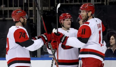 Feb 5, 2026; New York, New York, USA; Carolina Hurricanes center Jordan Staal (11) celebrates his empty net goal against the New York Rangers with teammates during the third period at Madison Square Garden. Mandatory Credit: Brad Penner-Imagn Images