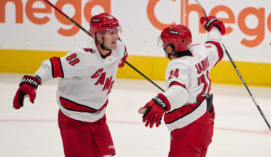 Oct 17, 2023; San Jose, California, USA; Carolina Hurricanes center Seth Jarvis (24) celebrates with center Martin Necas (88) after scoring a goal against the San Jose Sharks during the third period at SAP Center at San Jose. Mandatory Credit: Robert Edwards-Imagn Images